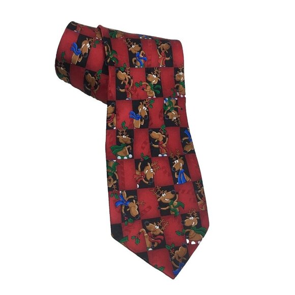 Vintage Christmas Tie Yule Tie Greetings Hallmark Reindeer 100% Silk Holiday - Picture 1 of 6
